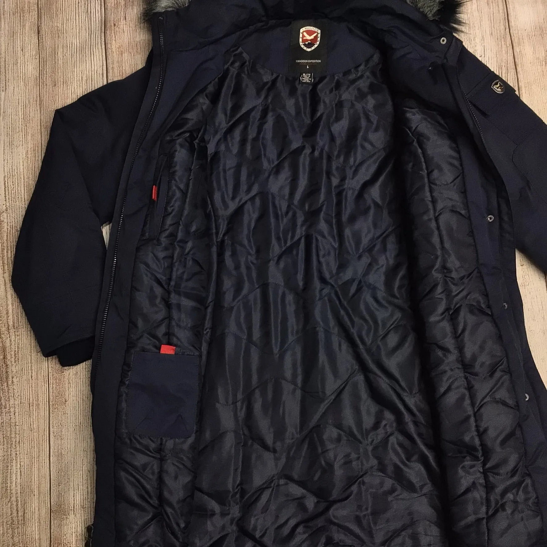 1 Madison Expedition Navy Blue Long Parka Jacket w/Faux Fur Hood Size XL