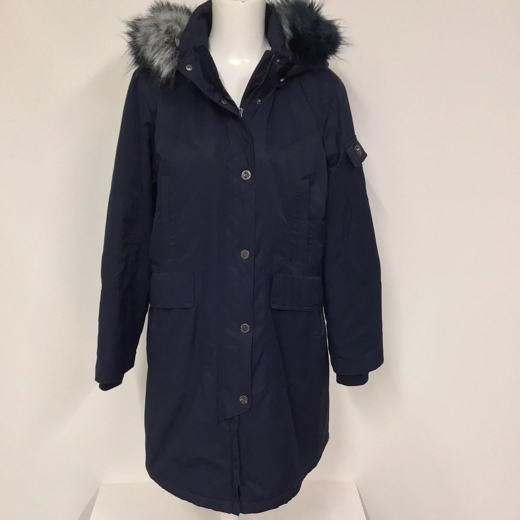 1 Madison Expedition Navy Blue Long Parka Jacket w/Faux Fur Hood Size XL