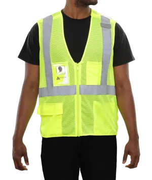 508SXLM Safety Vest: Clear ID Pocket: 5pt Breakaway: X-Back Lime Zip Mesh