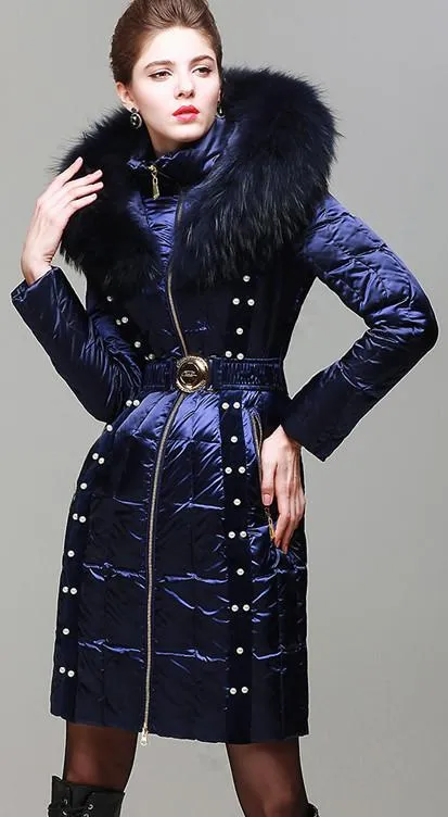 Bead Embellished Satin Sheen White-Duck-Down Coat with Fur-Trim in Blue