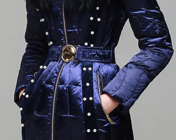 Bead Embellished Satin Sheen White-Duck-Down Coat with Fur-Trim in Blue