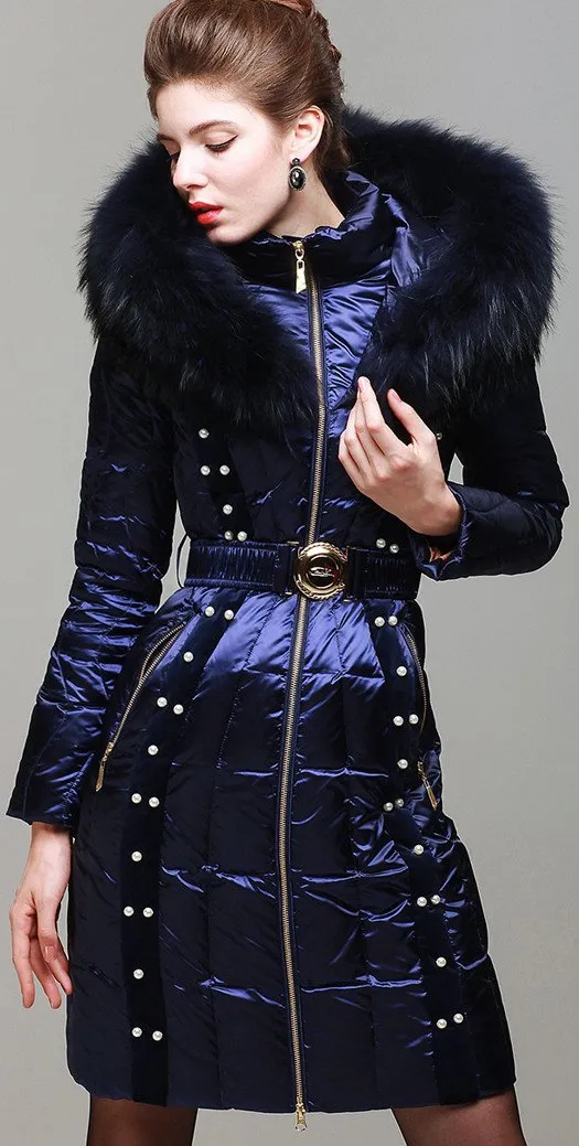 Bead Embellished Satin Sheen White-Duck-Down Coat with Fur-Trim in Blue