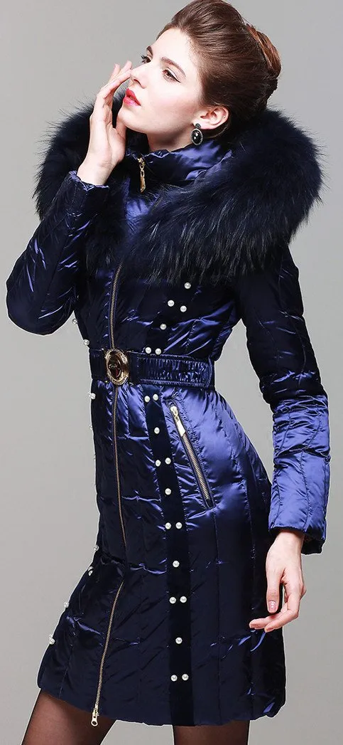 Bead Embellished Satin Sheen White-Duck-Down Coat with Fur-Trim in Blue