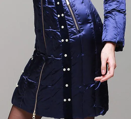 Bead Embellished Satin Sheen White-Duck-Down Coat with Fur-Trim in Blue