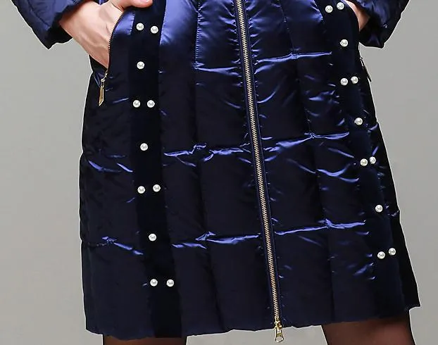 Bead Embellished Satin Sheen White-Duck-Down Coat with Fur-Trim in Blue