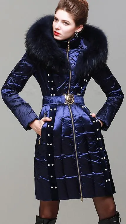 Bead Embellished Satin Sheen White-Duck-Down Coat with Fur-Trim in Blue