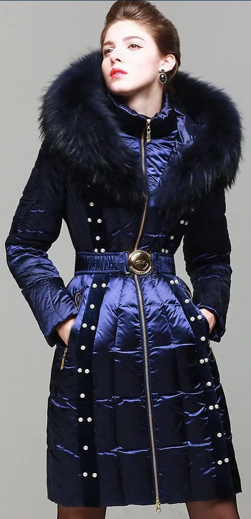 Bead Embellished Satin Sheen White-Duck-Down Coat with Fur-Trim in Blue