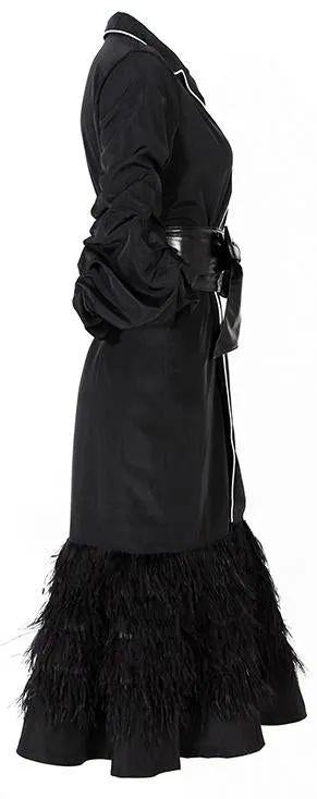 Belted Black Feather-Trim Coat