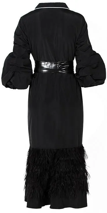 Belted Black Feather-Trim Coat