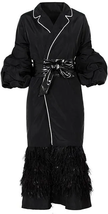 Belted Black Feather-Trim Coat