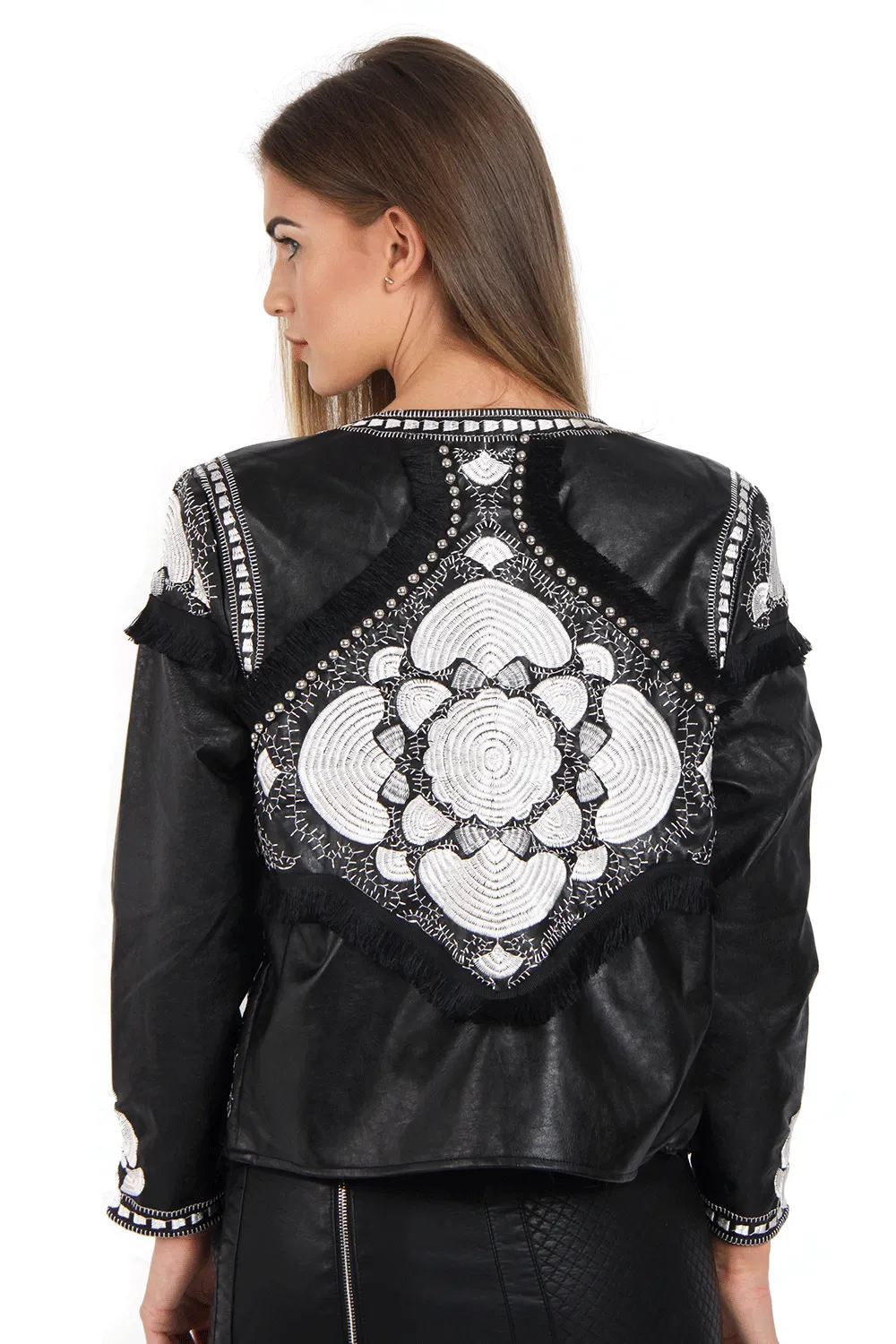 Black and White Embellished Faux Leather Jacket