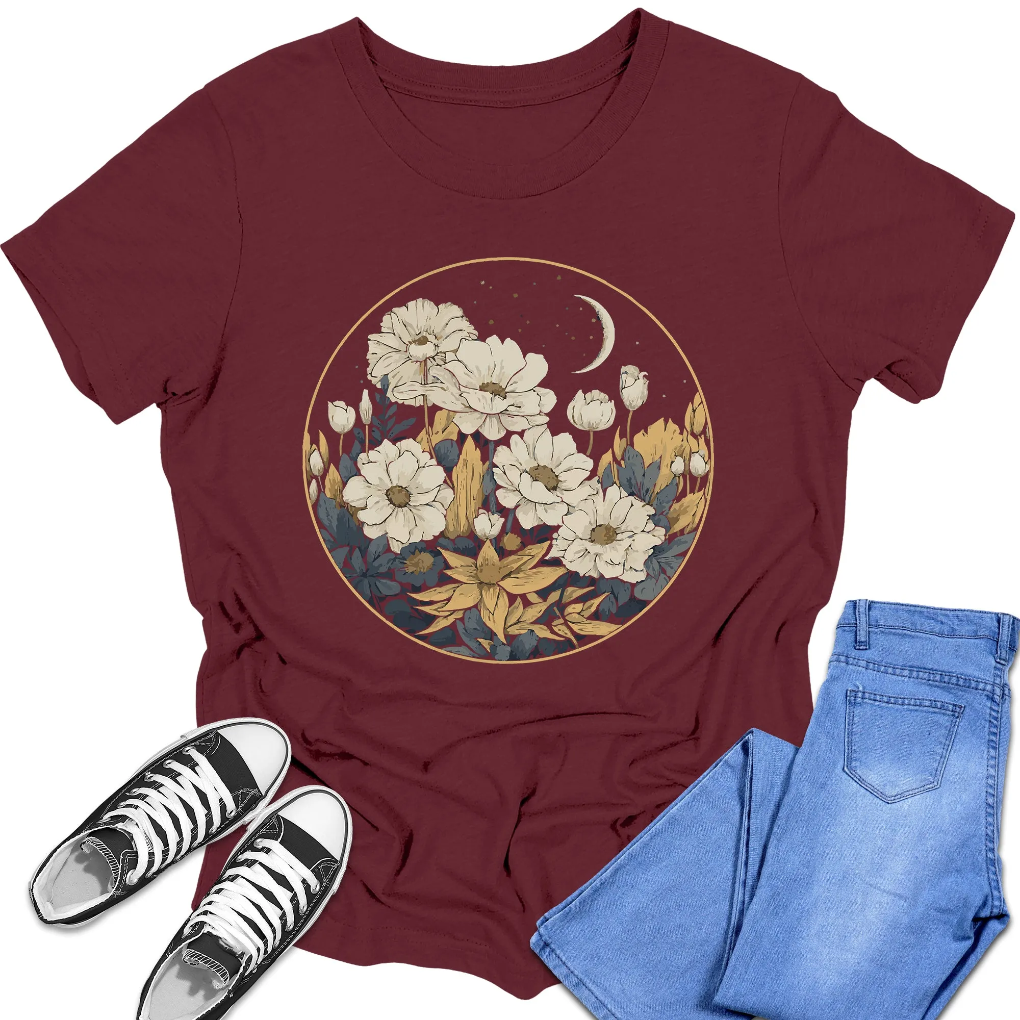 Boys and Girls Trendy Floral Moon Graphic Tees