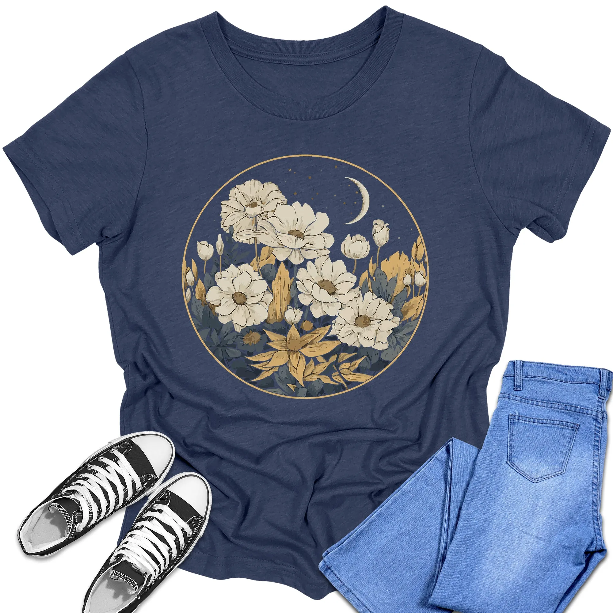 Boys and Girls Trendy Floral Moon Graphic Tees