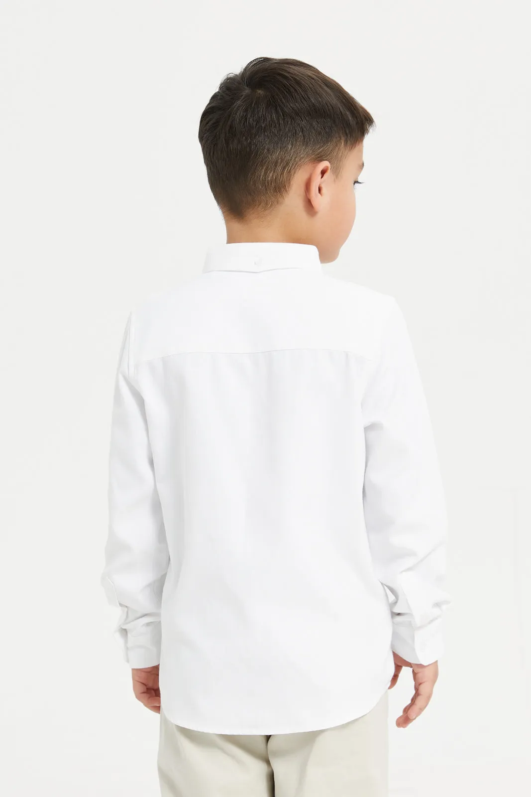 Boys White Long Sleeve Oxford Shirt With Embroidery