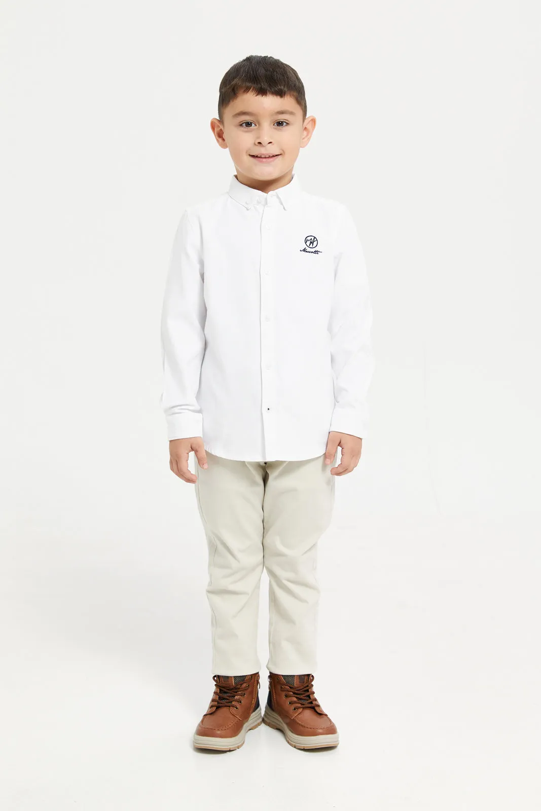 Boys White Long Sleeve Oxford Shirt With Embroidery