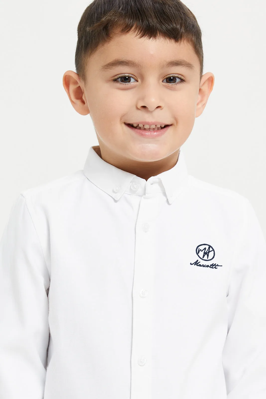 Boys White Long Sleeve Oxford Shirt With Embroidery