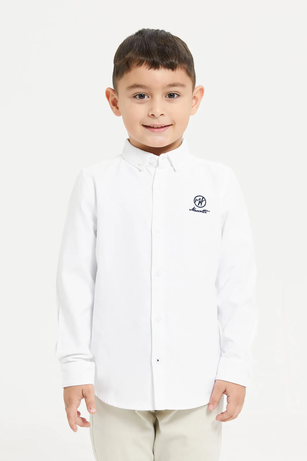 Boys White Long Sleeve Oxford Shirt With Embroidery