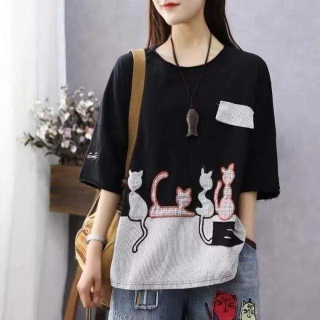 Cartoon Cat Loose Casual T-Shirts