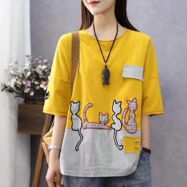 Cartoon Cat Loose Casual T-Shirts