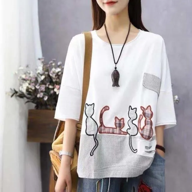 Cartoon Cat Loose Casual T-Shirts