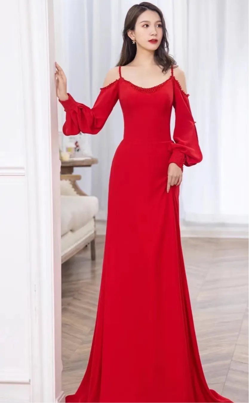 Chic bohemian red mermaid formal graduation dress 2021