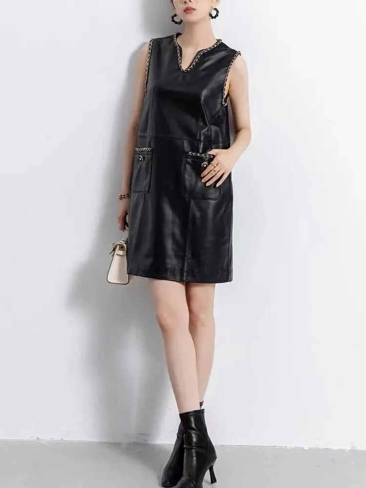 Chic Genuine Leather Short Dress