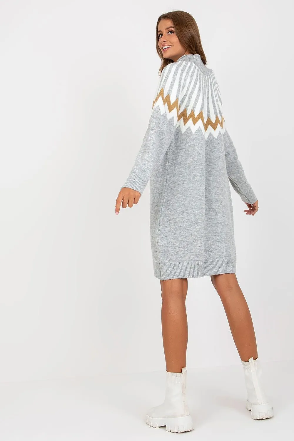 Chic Parisian Geometric Knit Turtleneck Dress