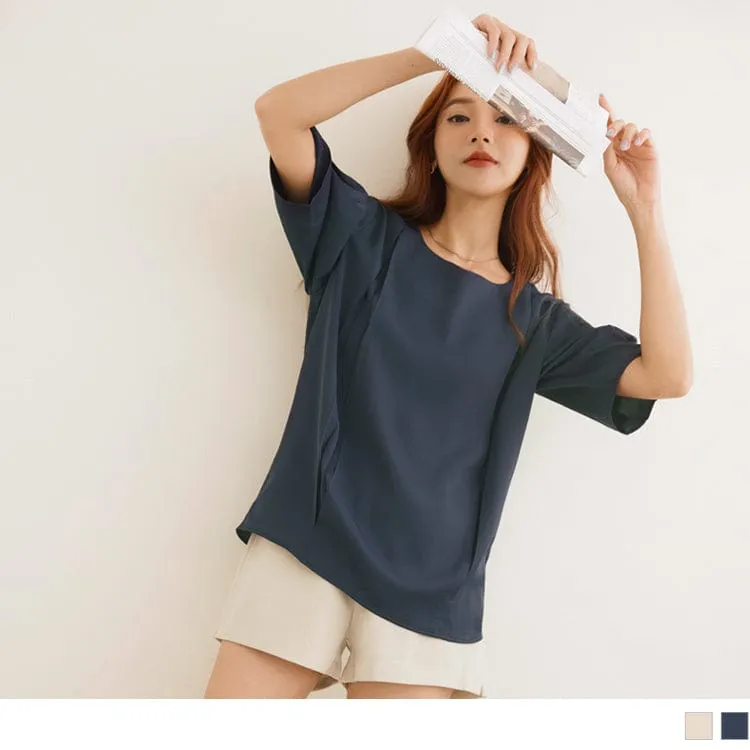 CHIFFON ROUND NECK PLEAT SHORT SLEEVE TOPS