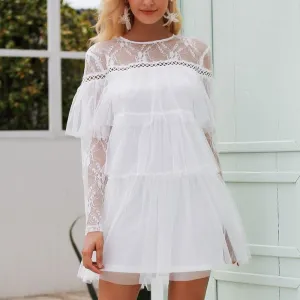 Elegant Multi-layer Lace Mesh Hollow Out Long Sleeve Dress