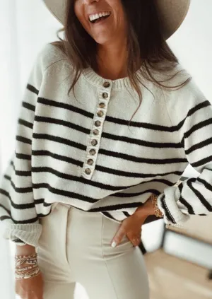 Faux Button Striped Sweater