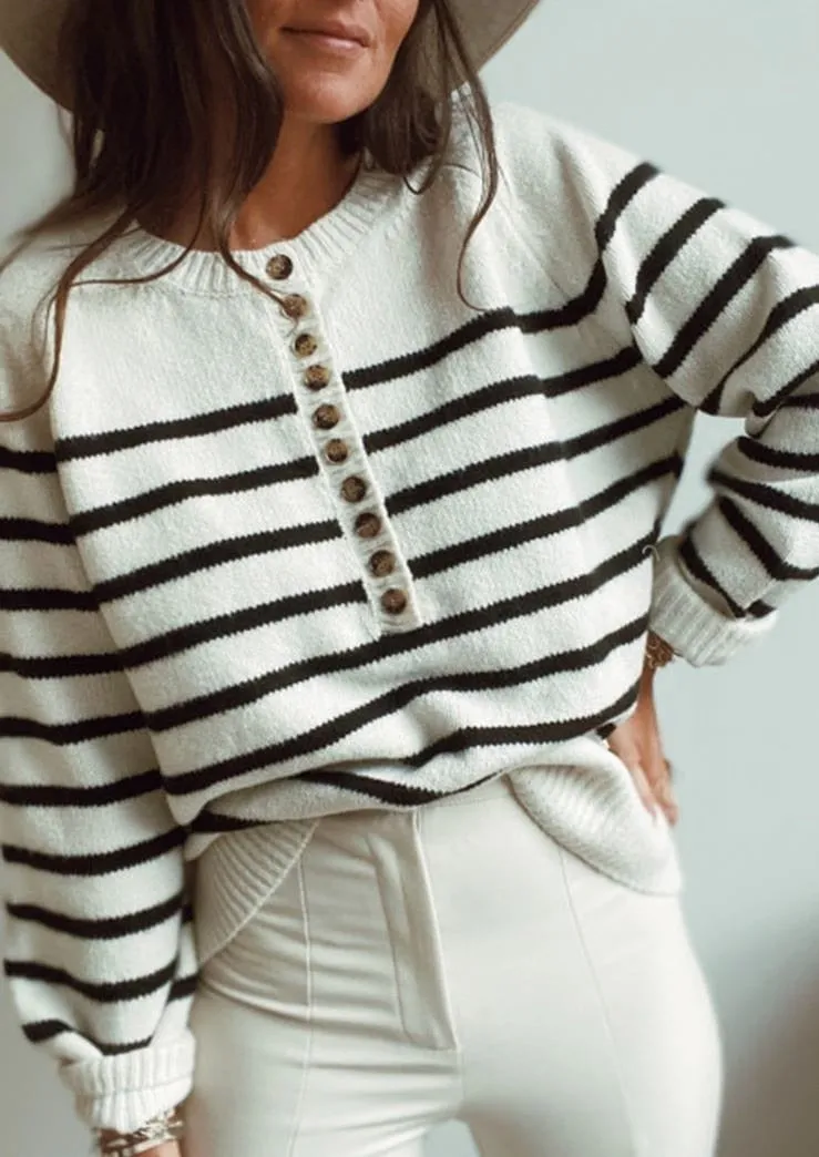 Faux Button Striped Sweater