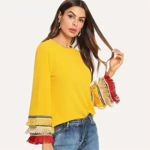 Flounce Sleeve Fringe Sunshine Top