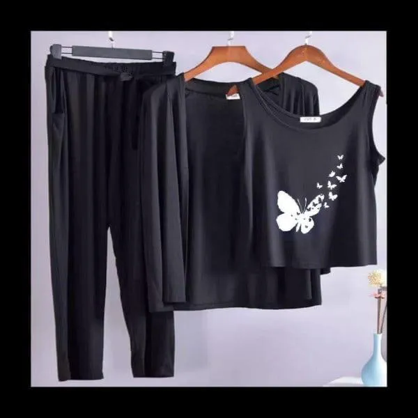 Flying Butterfly Women Night Suit PJ 3 Pieces Set