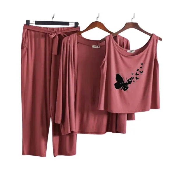 Flying Butterfly Women Night Suit PJ 3 Pieces Set