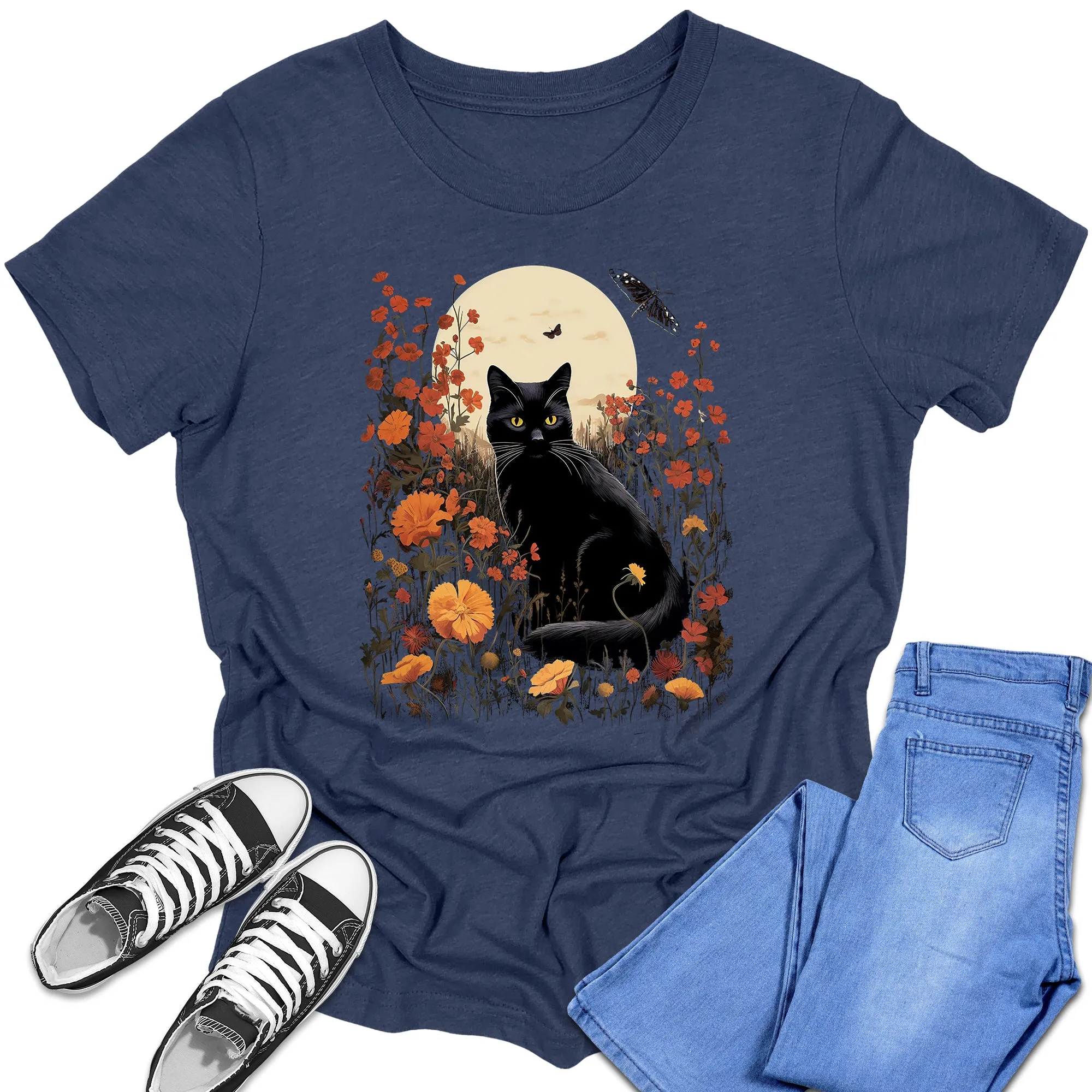 Girl's Short Sleeve Graphic Tees Cute Black Cat Moon Shirt Back To School Fall Tops