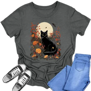 Girl's Short Sleeve Graphic Tees Cute Black Cat Moon Shirt Back To School Fall Tops