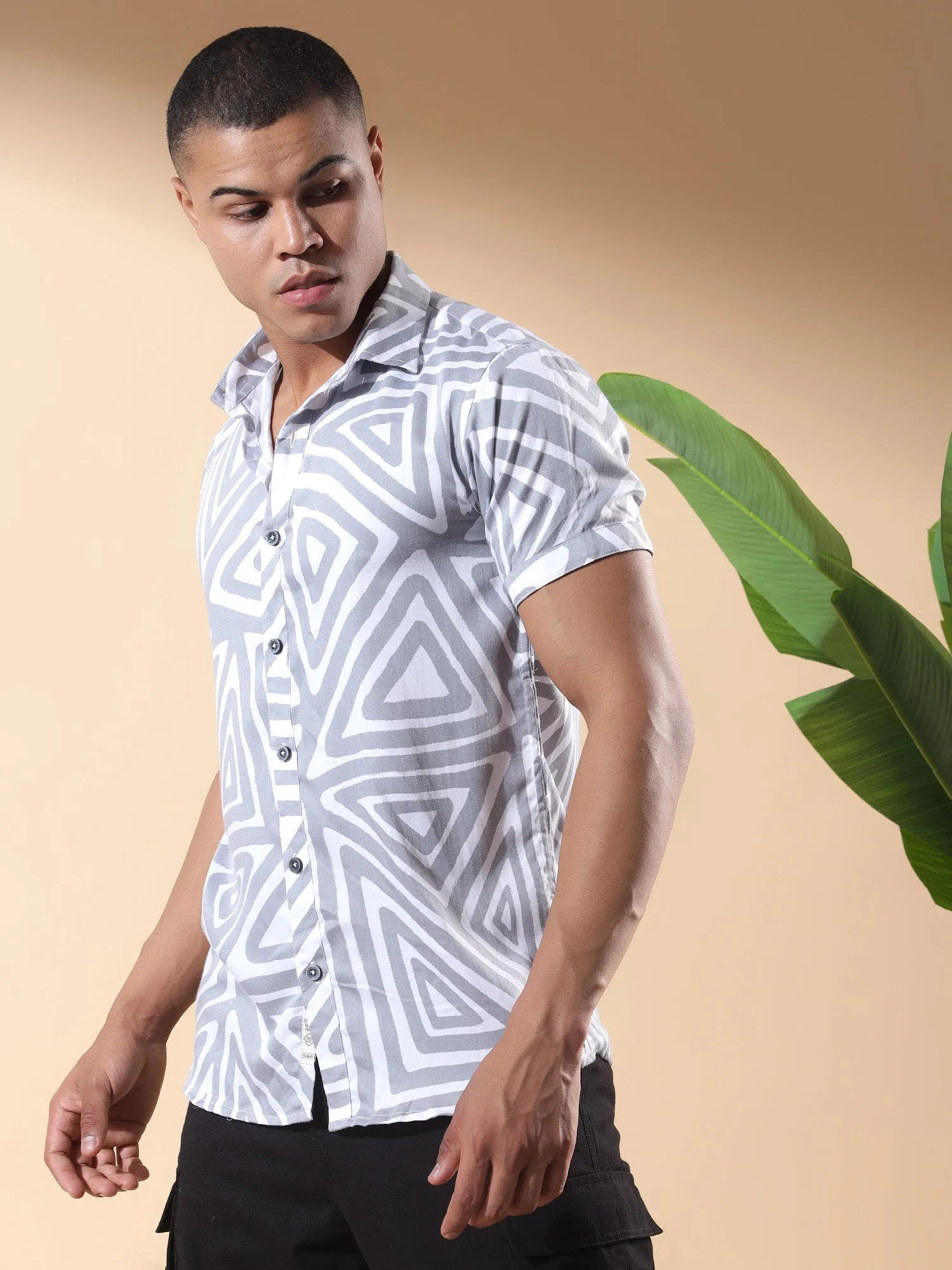 Grey Half Casual Printed Cotton Shirt Regular Fit For Man