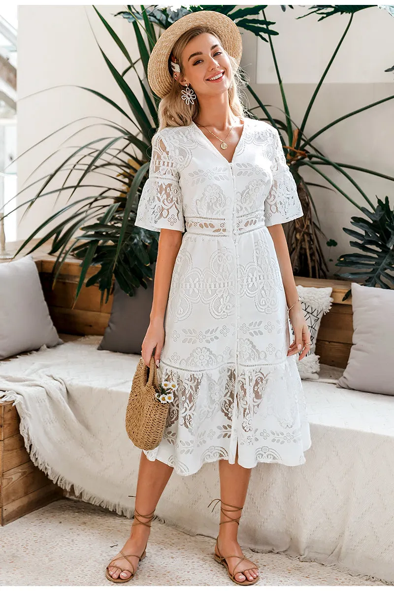 Hollow Out Lace V-Neck High Waist Ruffled Summer Slim Fit Boho Dress