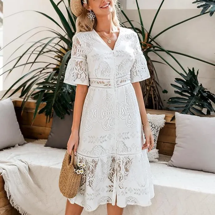 Hollow Out Lace V-Neck High Waist Ruffled Summer Slim Fit Boho Dress