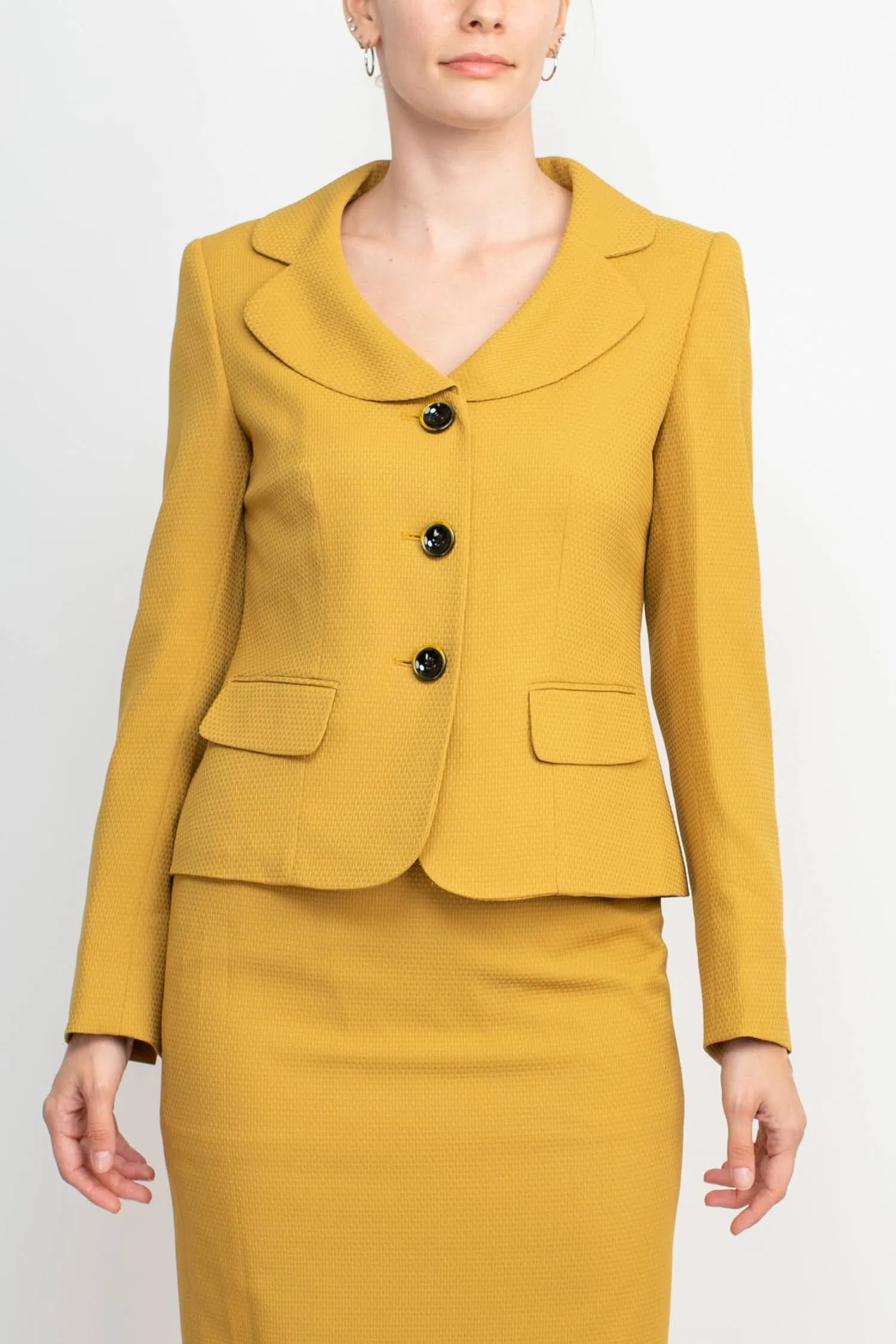 Le Suit Notched Collar 3 Button Flap Pocket Square Texture Jacket with Zipper Back Skimmer Skirt  (Two Piece)