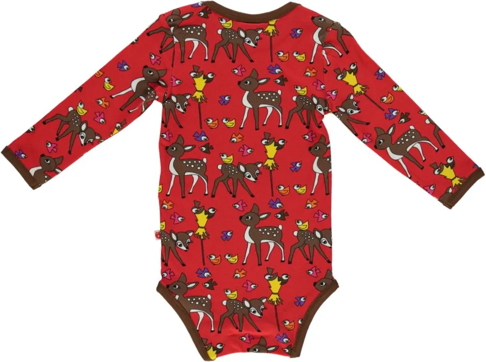 Long-sleeved baby body with deers, hares, and birds