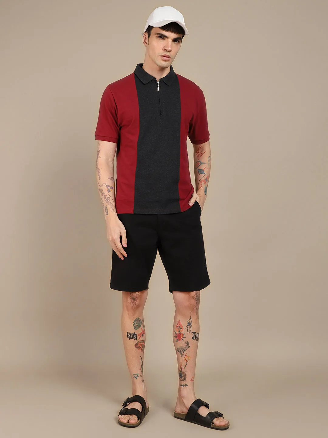 Men's Colorblock Maroon Polo Collar T-shirt