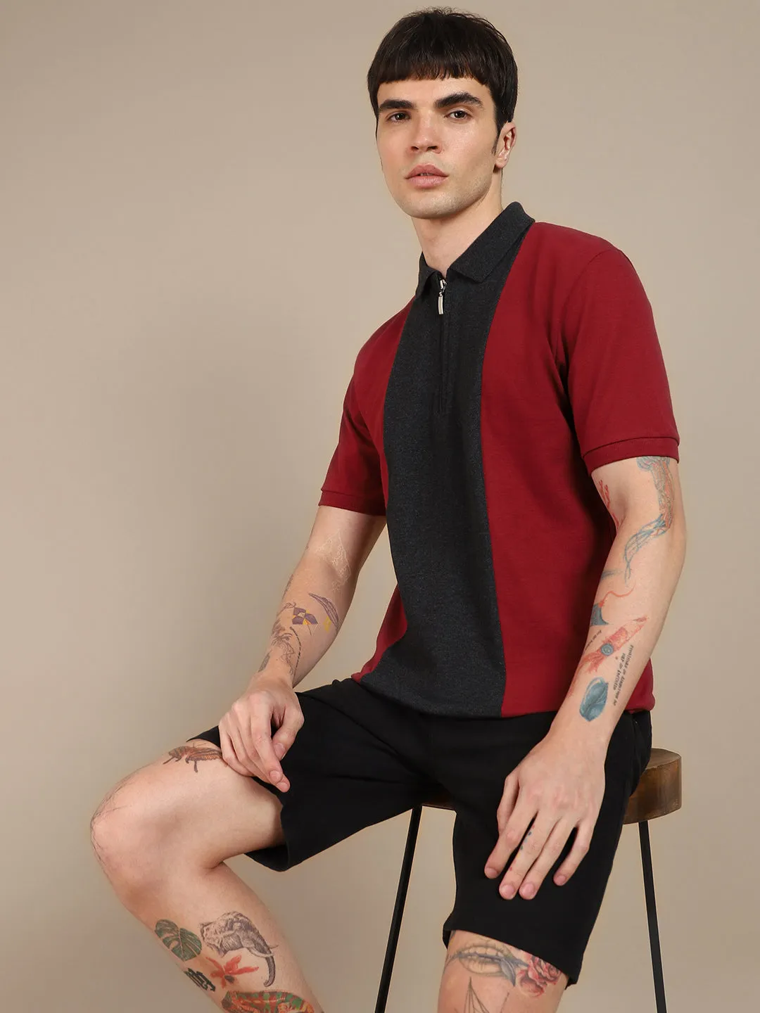 Men's Colorblock Maroon Polo Collar T-shirt