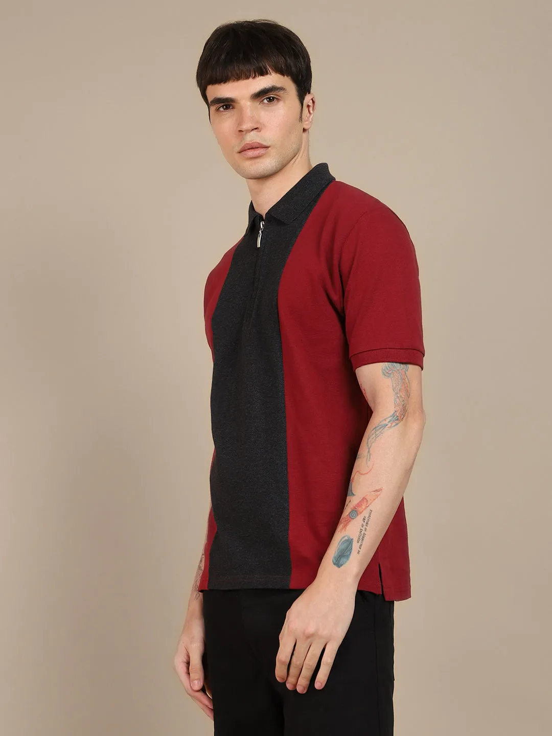 Men's Colorblock Maroon Polo Collar T-shirt