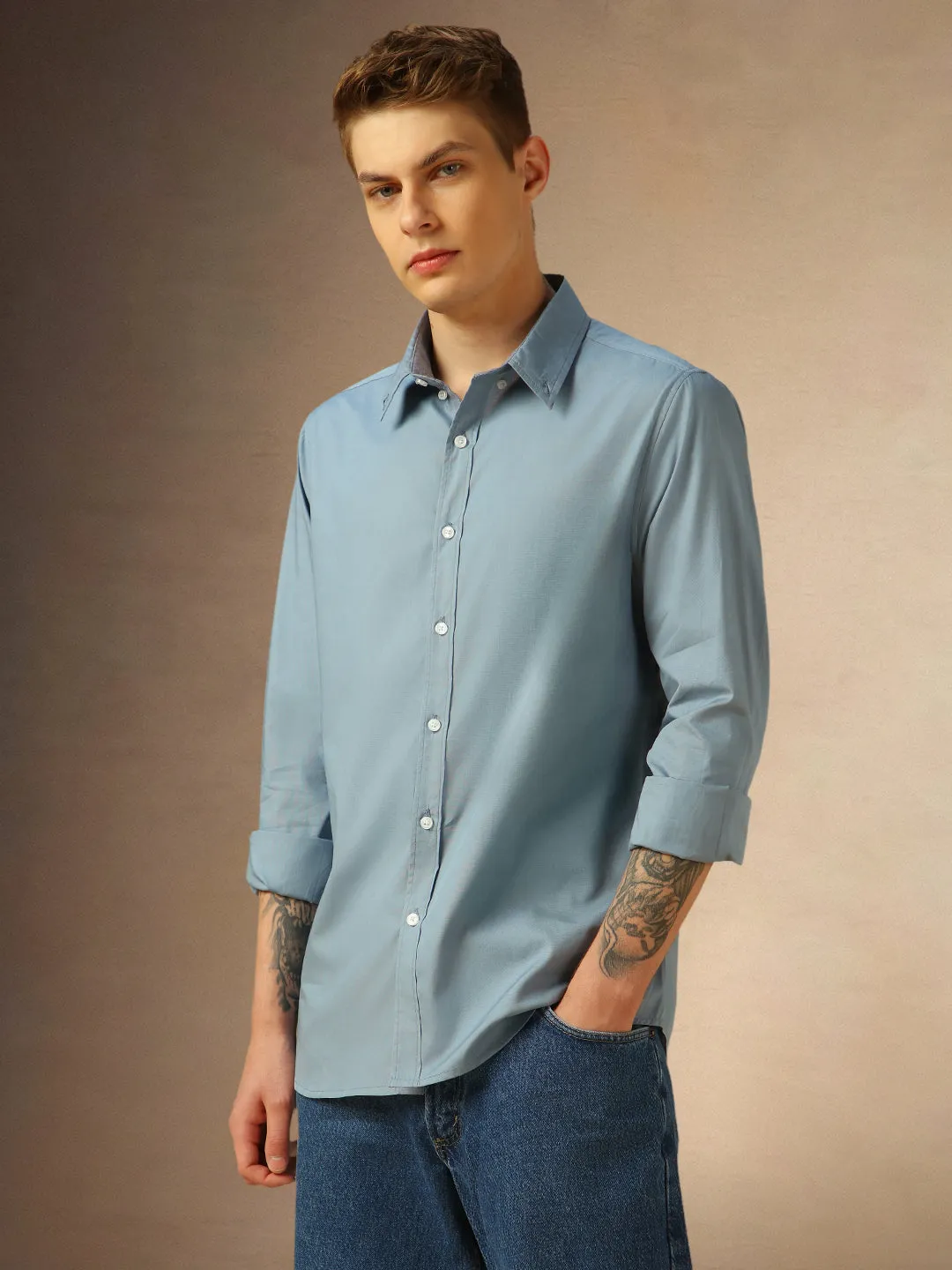 Men's Dark Blue Solid Button Down Collar Full Sleeves Shirt