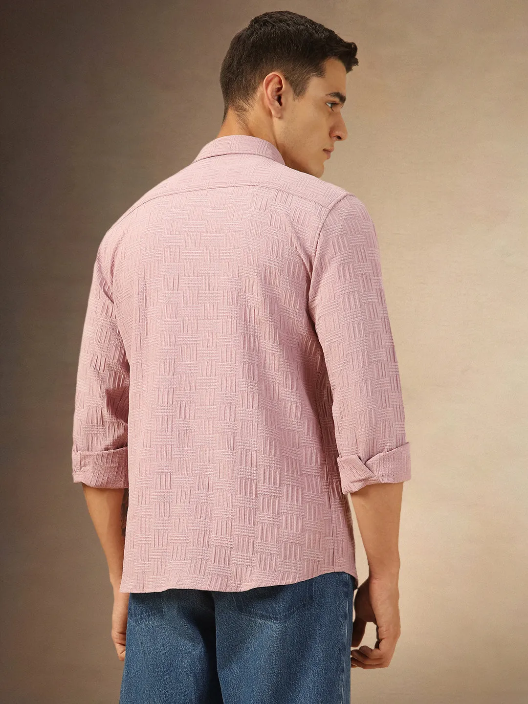 Men's DustyPink Textured Full Sleeves Spread collar casual Shirt