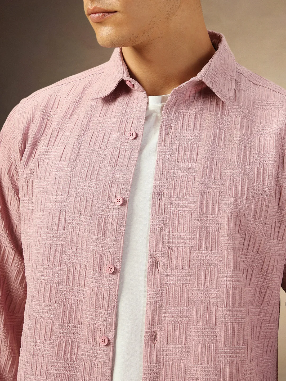 Men's DustyPink Textured Full Sleeves Spread collar casual Shirt