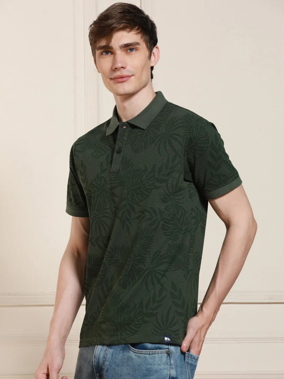 Men's Green Printed  Polo Collar Half Sleeves Casual T-Shirt