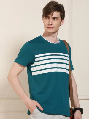 Men's Light Blue Striped Crew Neck Half Sleeves Casual T-Shirt