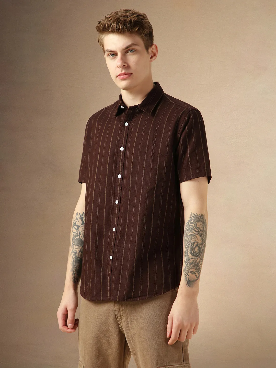 Men's Maroon Cotton Dobby Spread Collar Half Sleeves Striped Shirt